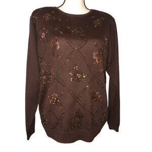 Sweater Beaded Brown Wool Blend Vtg Size M Long Sleeve Glass Made Macau 80s 90's